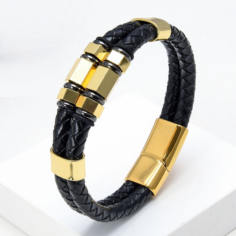 Men's Braided Leather and Stainless Steel Bracelet