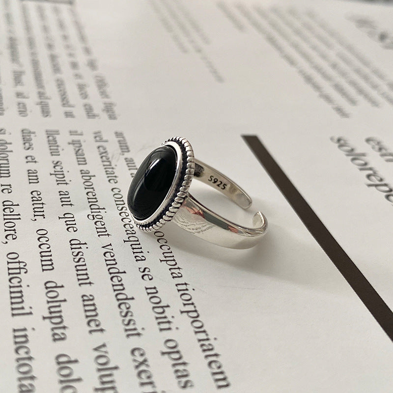 S925 Vintage Pure Black Agate Ring