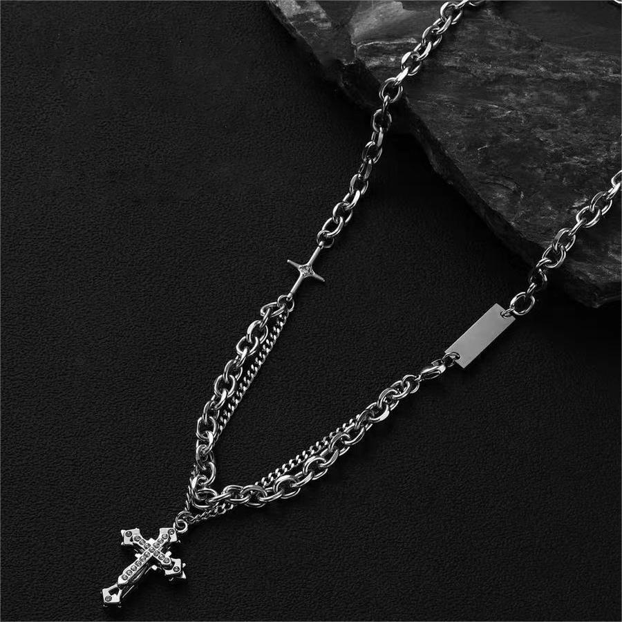 Men's Cross Necklace, Stainless Steel Hip Hop Stackable Double Layer Pendant