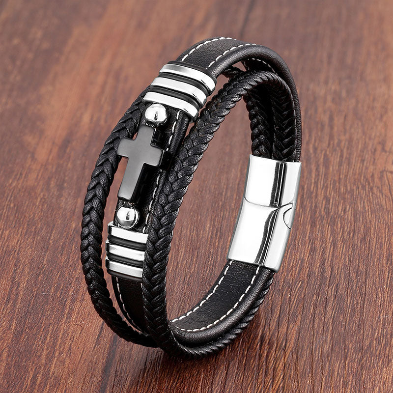 Multi-layered Men's Leather Vintage Stone Cross Bracelet