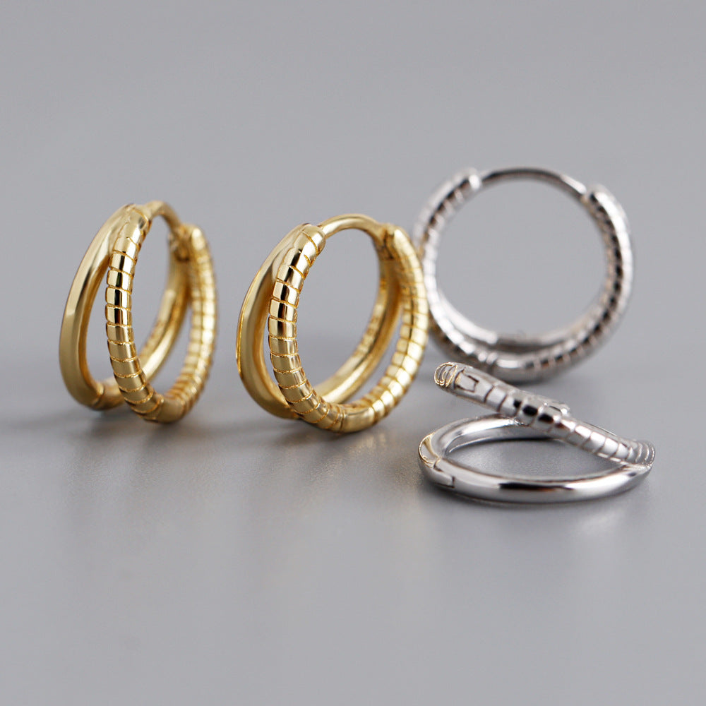 S925 Silver Double Circle Thread Design Earrings