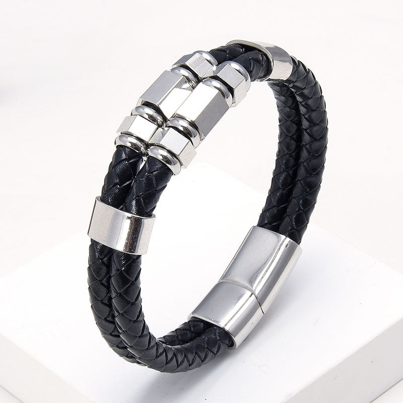 Men's Braided Leather and Stainless Steel Bracelet