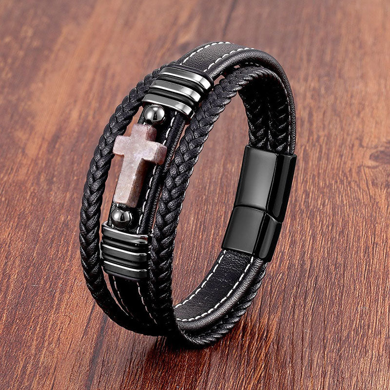 Multi-layered Men's Leather Vintage Stone Cross Bracelet