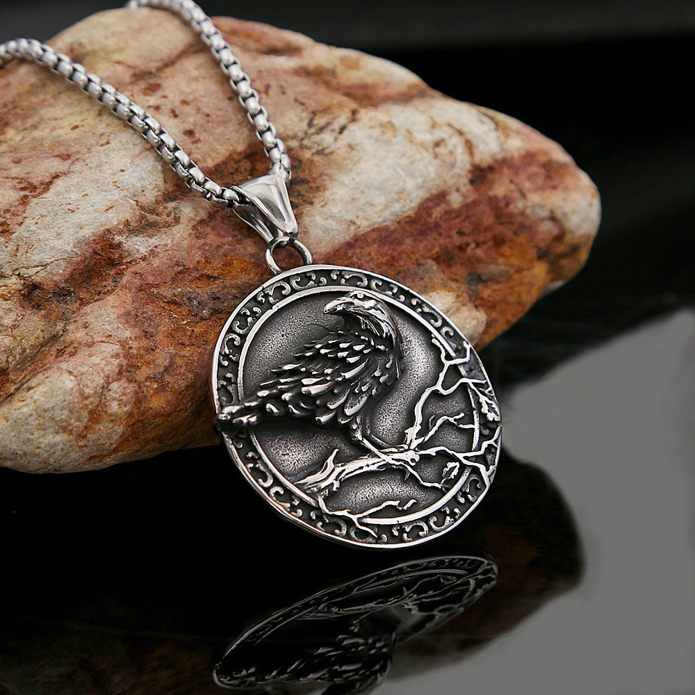 Viking Style Raven Pendant Embossed Necklace