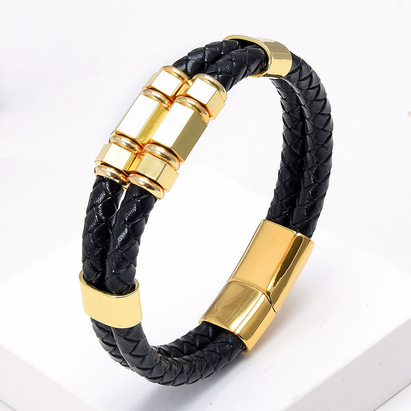 Men's Braided Leather and Stainless Steel Bracelet