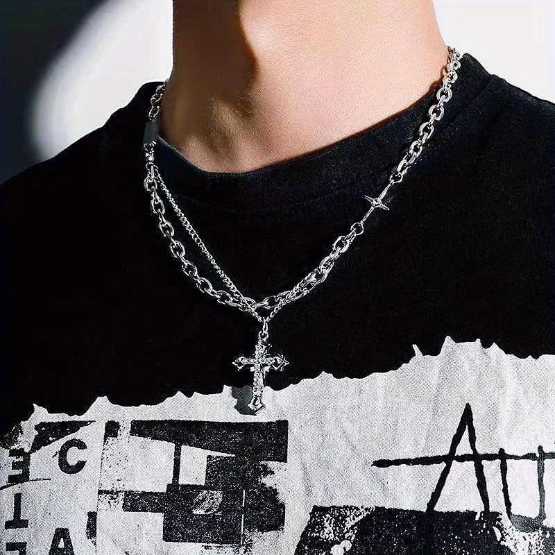 Men's Cross Necklace, Stainless Steel Hip Hop Stackable Double Layer Pendant